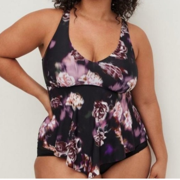 Torrid Wireless V-Neck Tankini Top Blue Rose Black Plus Size 1 (1X) New With Tag - Picture 1 of 6
